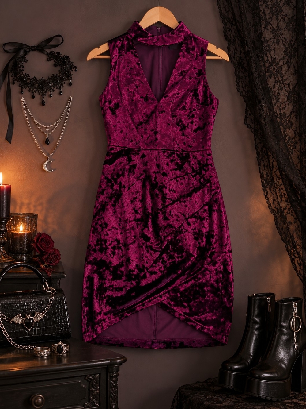 H&M Crushed Velvet Sleeveless Mini Dress - Plum